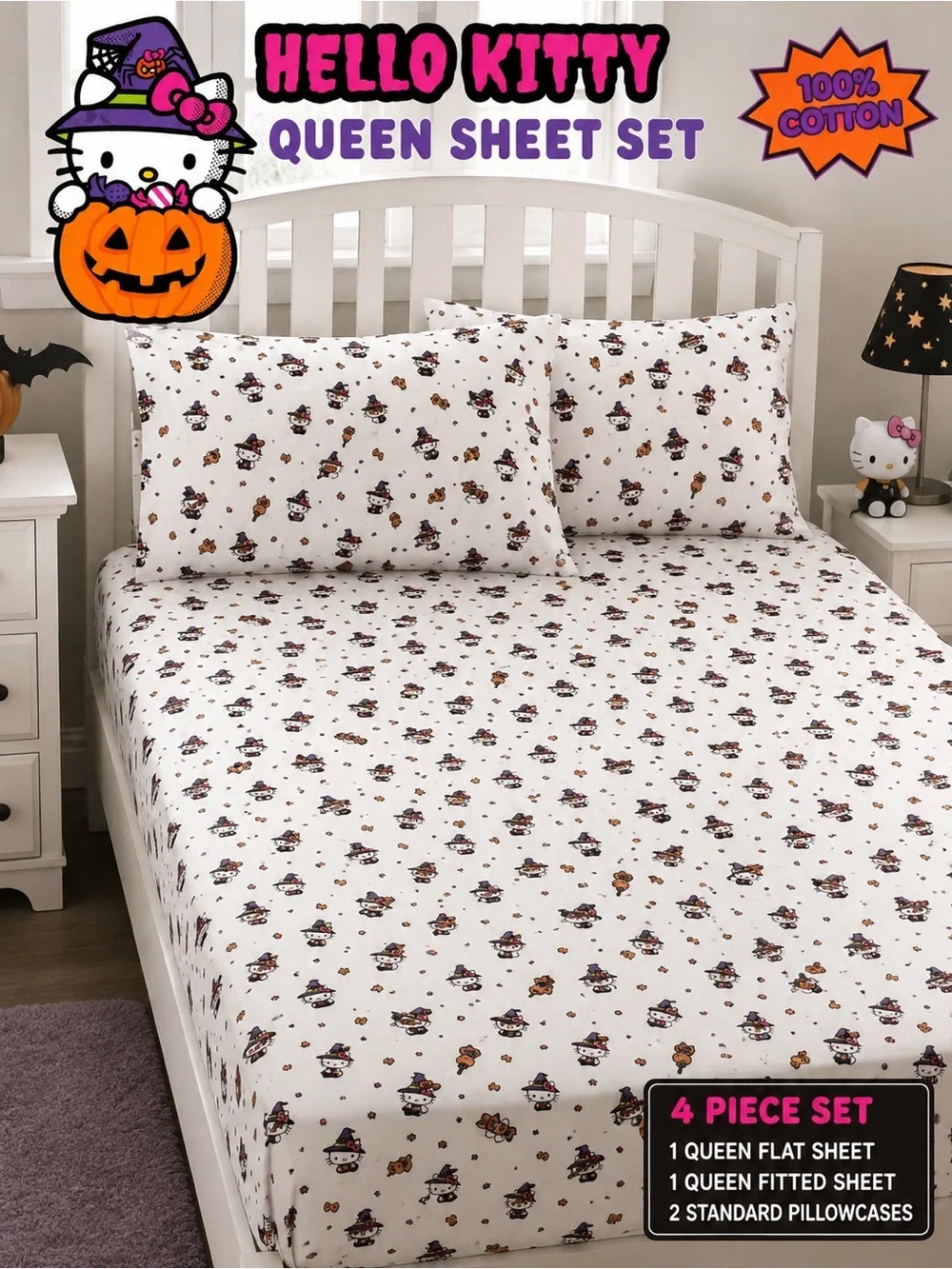 Hello Kitty White Halloween Queen Sheet Set with Cute Witch Print